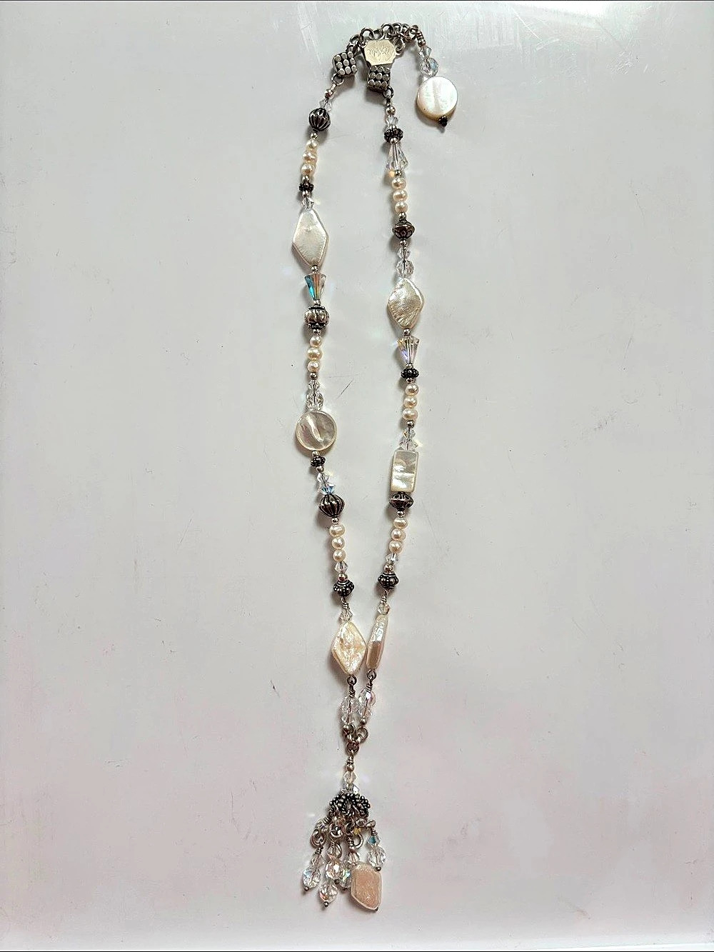Tres Jolie Beaded Pendant Necklace in Silver & White